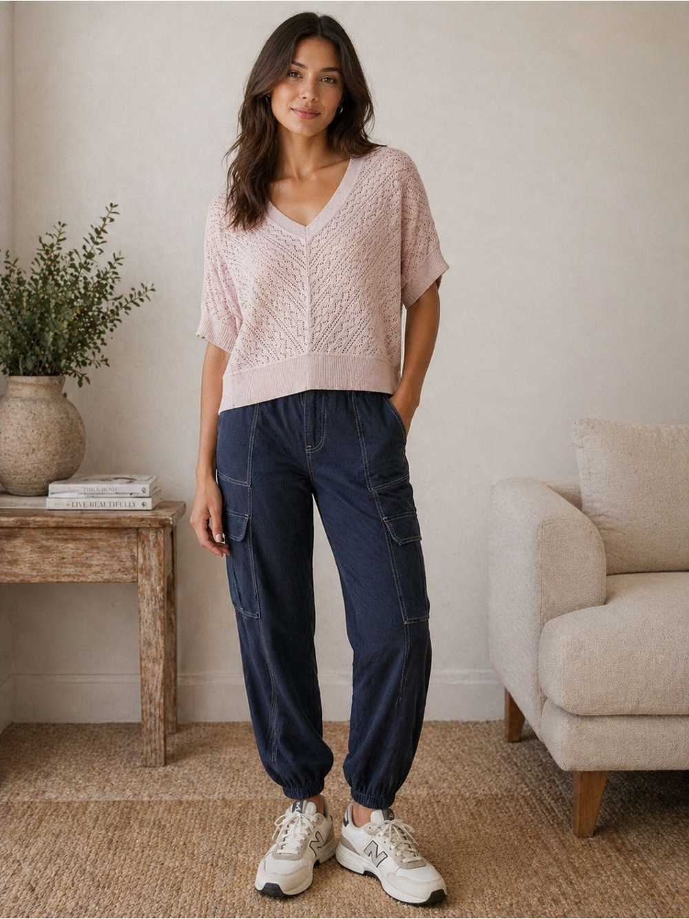 White House Black Market Pale Pink Knit V-Neck Sweater